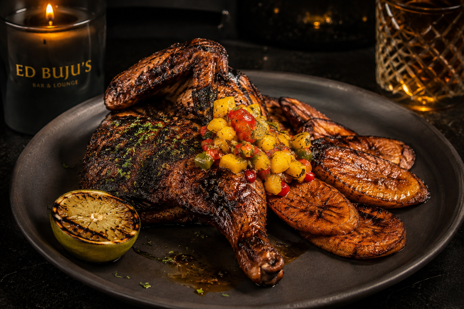 Jerk half chicken charred over pimento wood