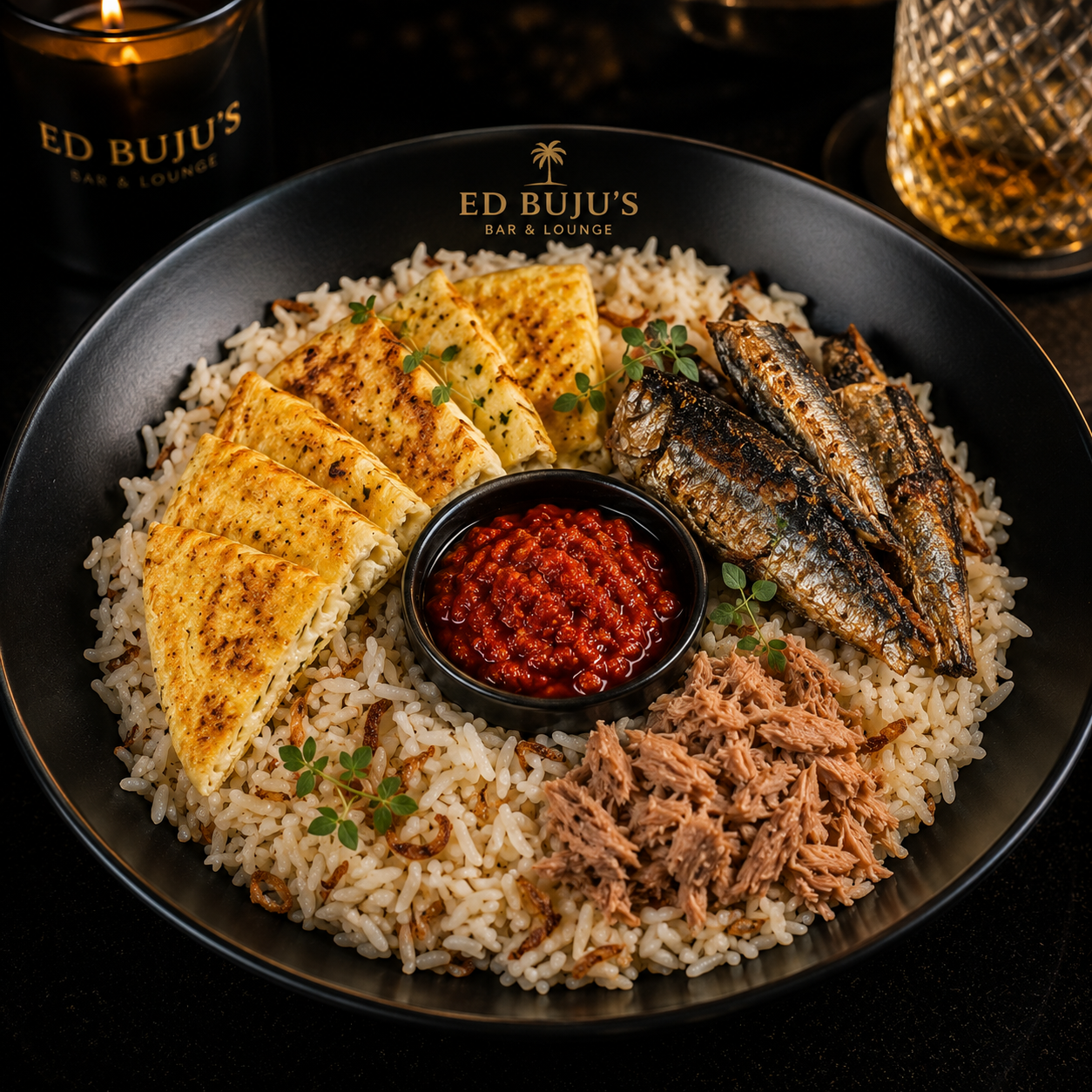 Braised rice platter from Buju's Local — Ghana on the plate