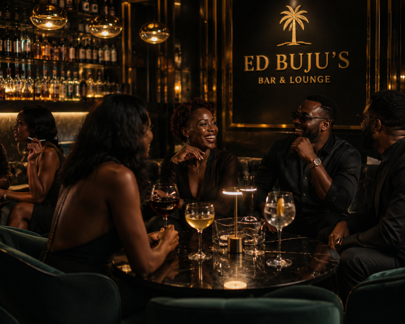 Guests around a marble table under the gold Ed Buju's sign