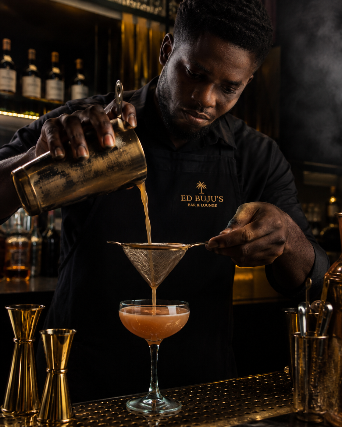 Bartender in an Ed Buju's apron straining a cocktail behind the bar