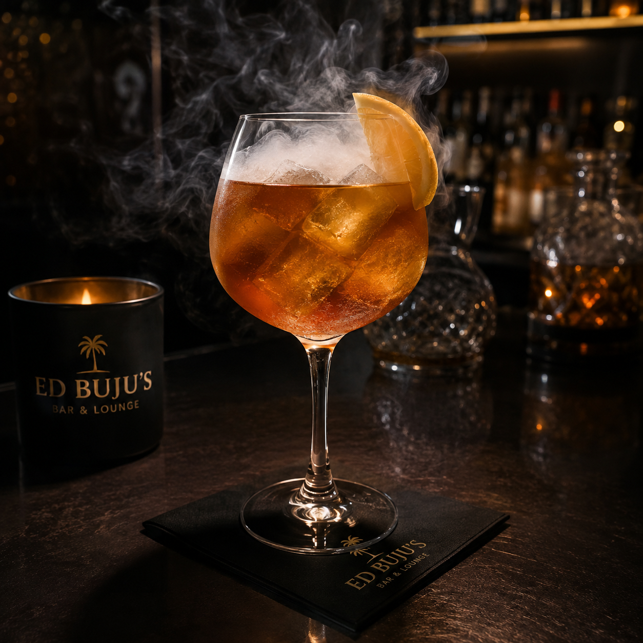 Smoked amber cocktail in a balloon glass with orange peel