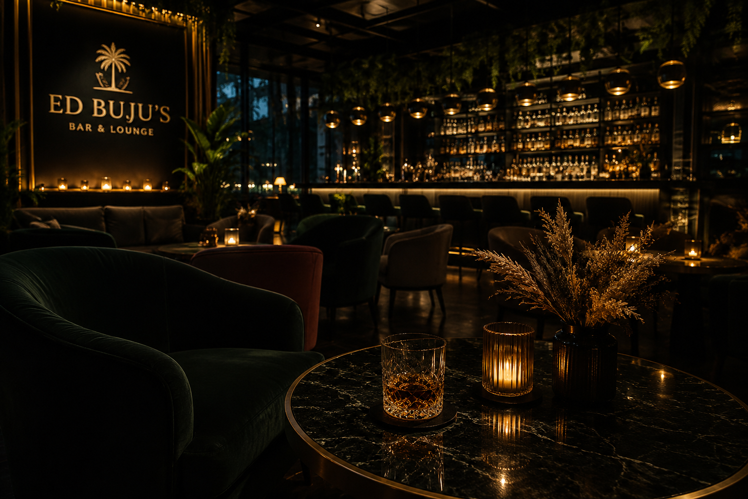 Ed Buju's lounge at night with green velvet seating, backlit bar and candlelit marble tables