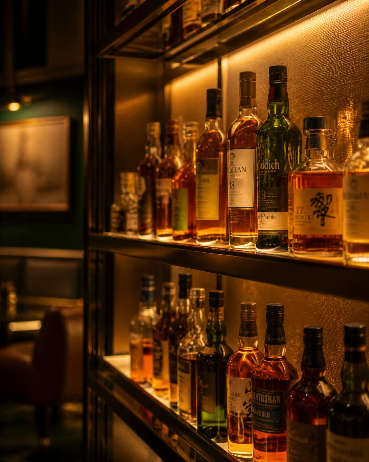 Backlit shelf of premium spirits bottles