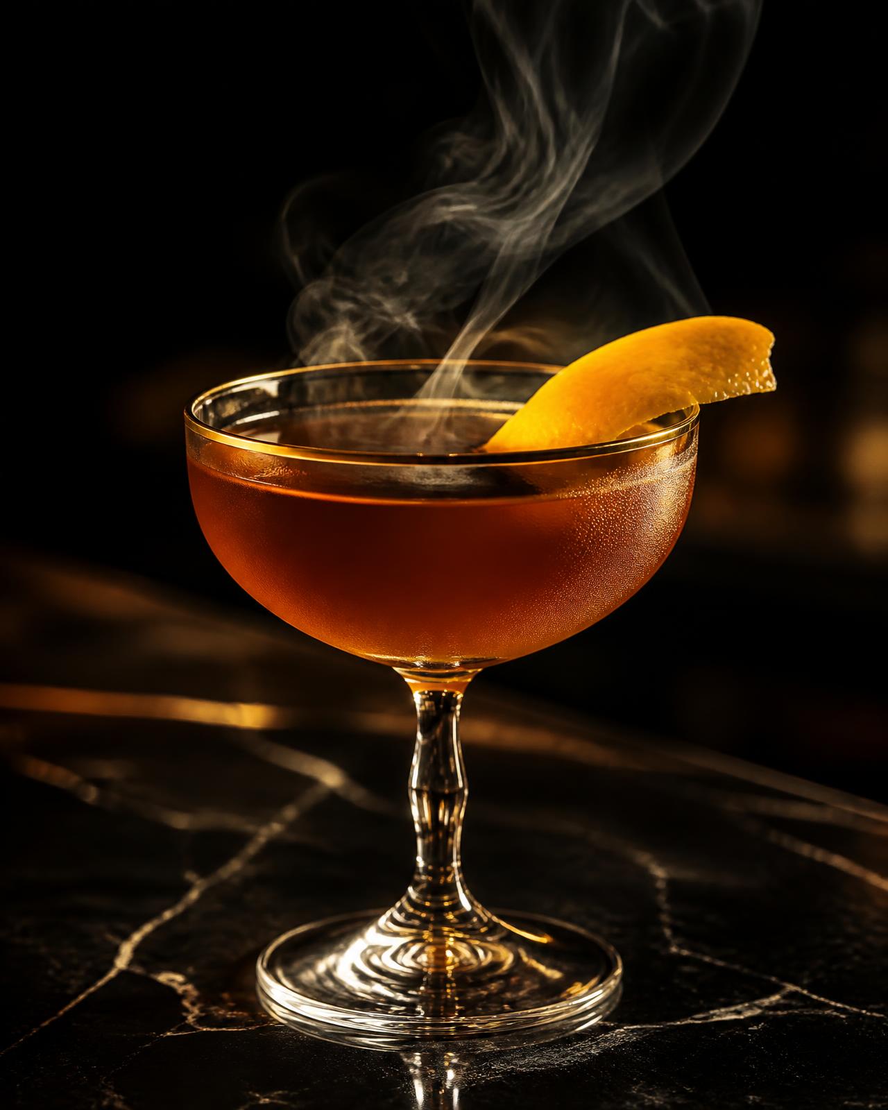 Cocktail in a coupe glass on a dark bar top