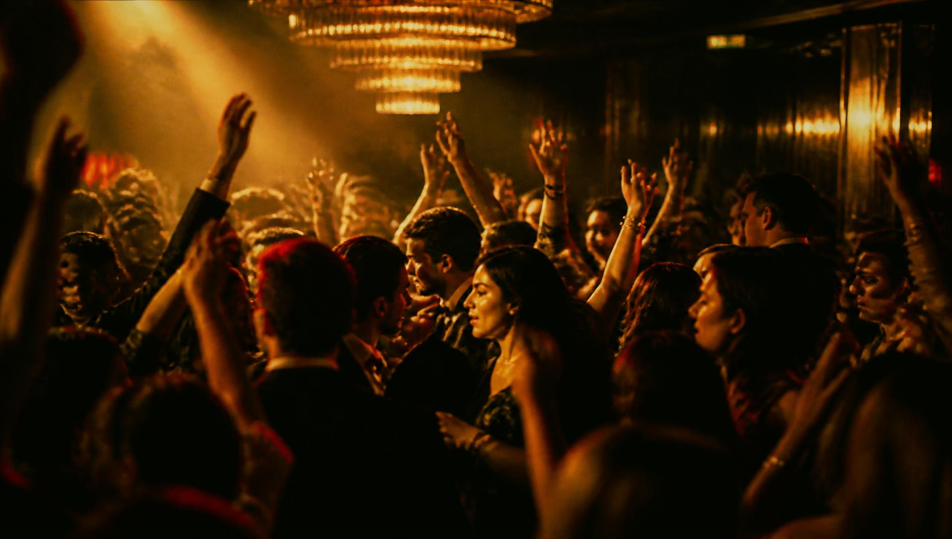 Crowd dancing with hands raised in a golden-lit lounge