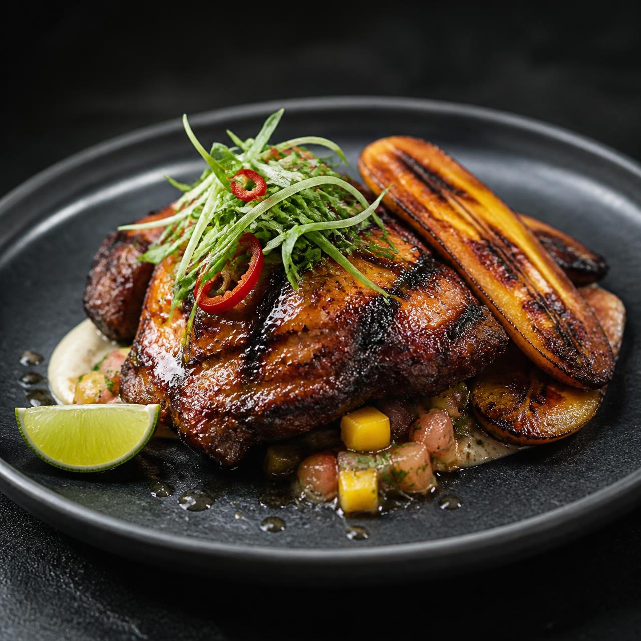 Jerk glazed main course with charred plantain