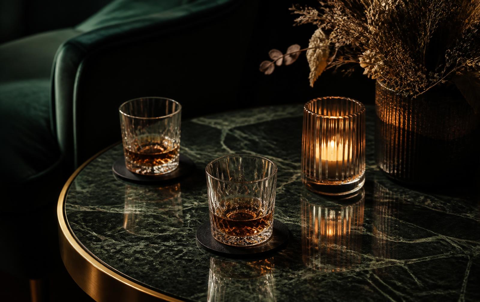 Green marble table, candlelight and two glasses of spirit
