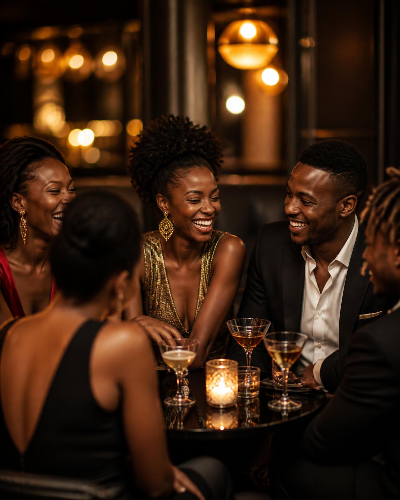 Guests laughing over cocktails at a candlelit table